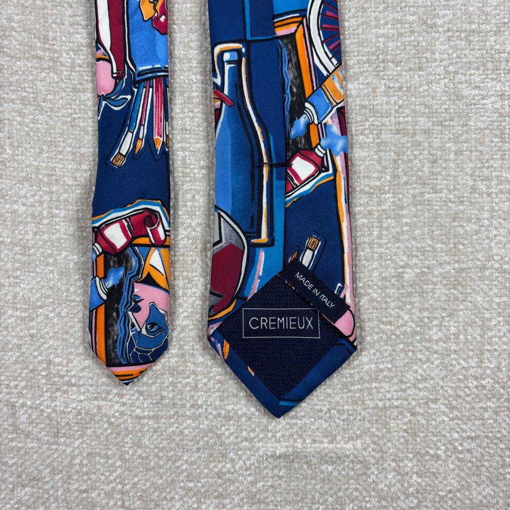 Cremieux Mens Silk Tie Blue Art Teacher Painting Skull Italy Artist Necktie - Picture 3 of 4